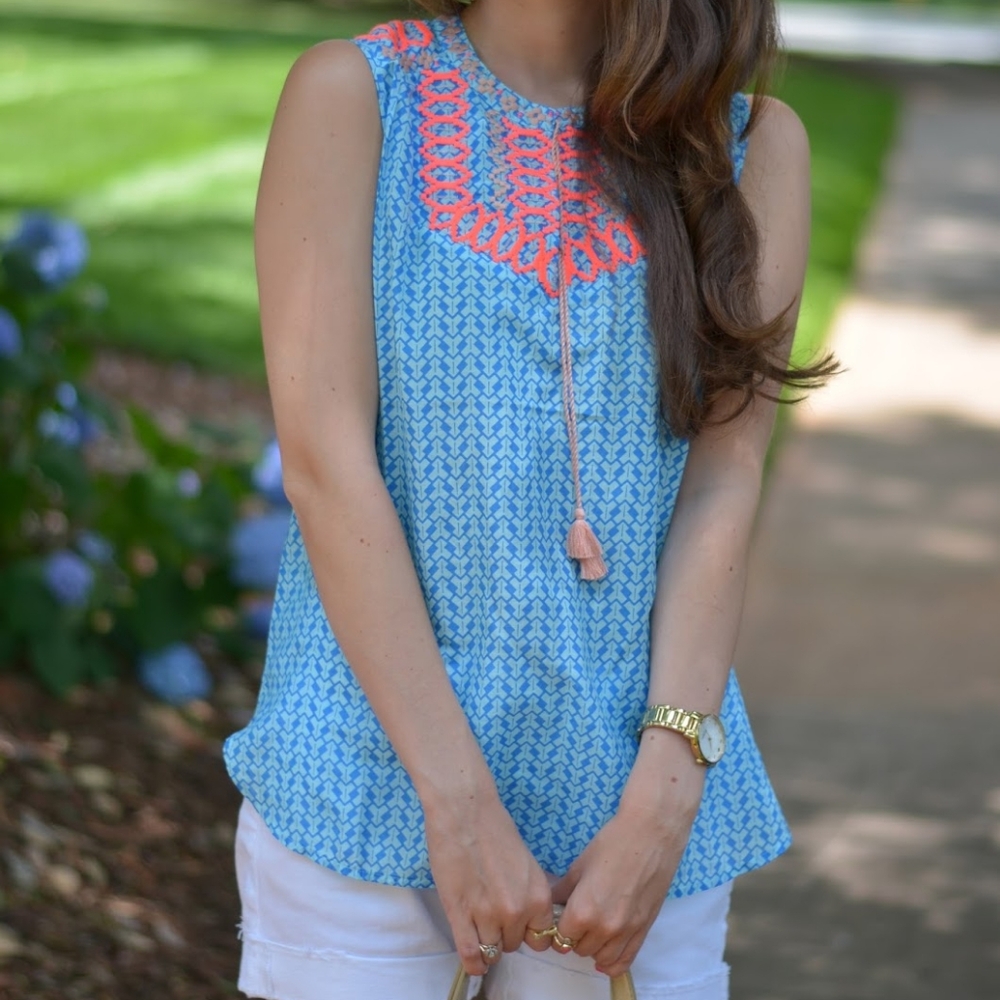J.Crew Embroidered Turquoise Cotton Top